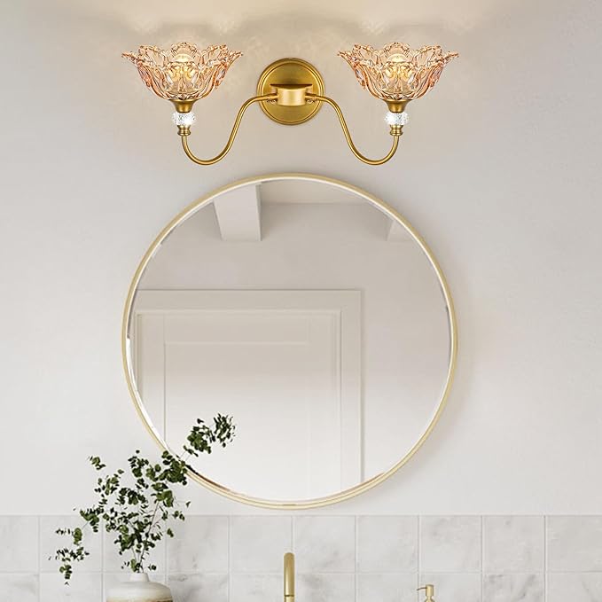 Vintage Bathroom Vanity Light, 2-Light Matte Brass Finish Vanity Light with Floral Amber Glass Shades, Retro Wall Sconce for Bathroom, Dressing Table