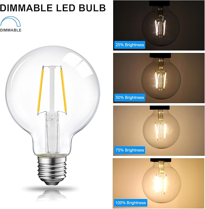 ENERGETIC SMARTER LIGHTING Dimmable LED Edison Light Bulb, G25 (G80) Globe Bulb, 60W Equivalent, 3000K Warm White, Christmas Light, E26 Standard Base, ETL Listed, 6-Pack
