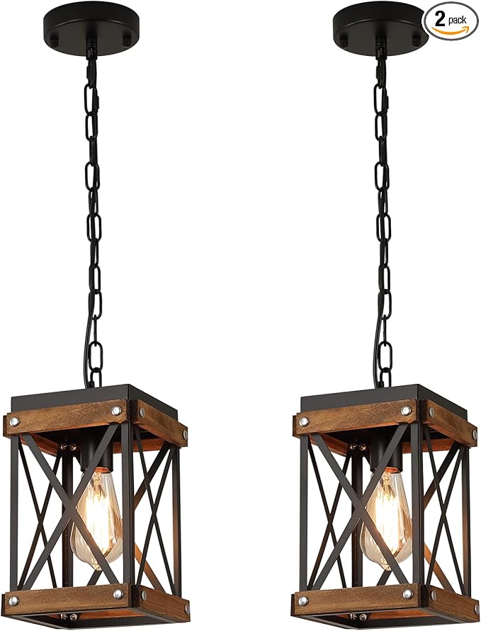2 Pack Rustic Farmhouse Wood Pendant Light Fixture One-Light Adjustable Chain Oak Wood and Metal Lantern Cage Small Pendant Lighting for Kitchen Island Sink Hallway Farmhouse Bathroom Bar, Black