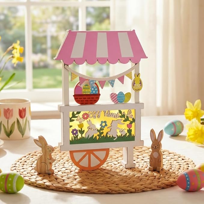 Valery Madelyn Easter Decorations, Easter Decor with LED Light, Lighted Egg Hunt Booth Decor for Table, Wooden Bunny Decorations for Home Decor Shelf Tiered Tray Living Room, 10.3 inch