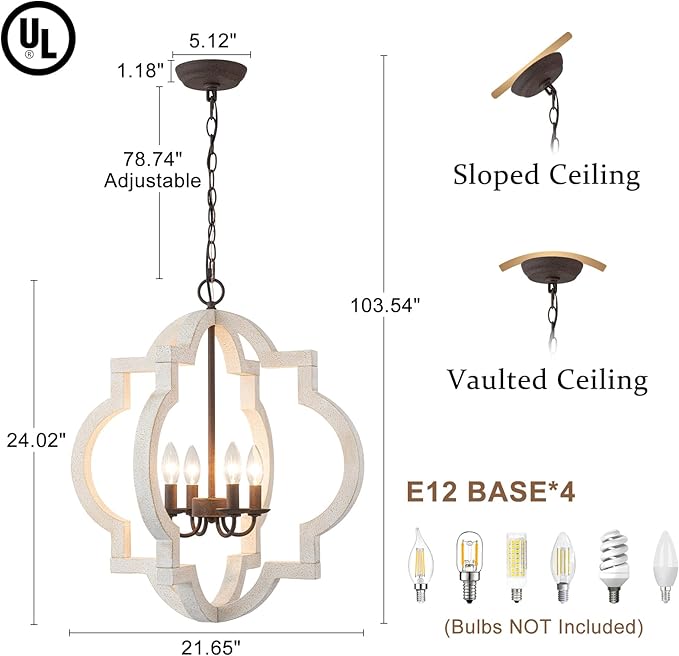 21.7" Oak Farmhouse Chandeliers for Dining Room Light Fixture Orb Distressed White Wood Pendant Light Kitchen Chandeliers over Table Ceiling Hanging Light for Island Living Room Bedroom Entryway Foyer