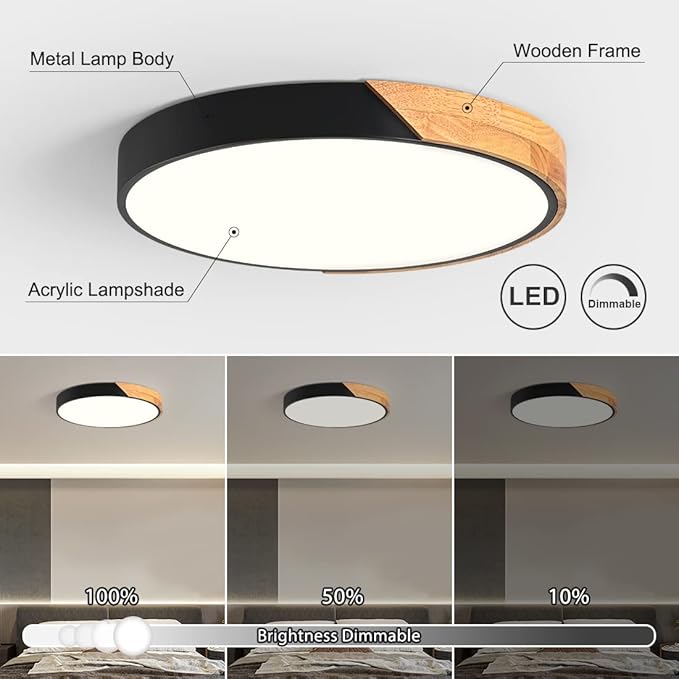 Vikaey Modern Dimmable LED Ceiling Light, Minimalist Wood Style 5CCT 2700K-6000K Flush Mount Ceiling Light Fixture, Round Lighting Lamp for Bedroom Living Room Dining Room Laundry, Black, 15.8"