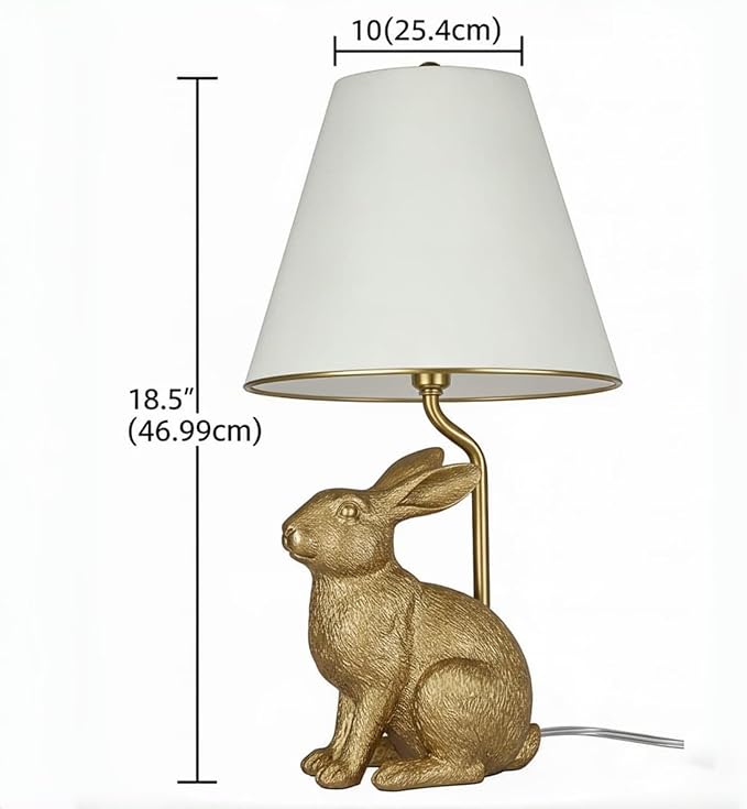 Golden Bunny Table Lamp with Tapered Linen Shade, Gold Finish Rabbit, Easter Decor Collection, Animal Light for Indoors, Bedroom, Study, Kids Room
