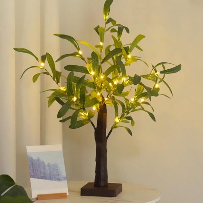 21.6Inch Olive Leaf Tree Light for Tabletop,Mini Light up Tree Bonsai Tree with Artificial Olive Leaves and 30 Warm White LEDs, for Fireplace Bedroom Home Party Wedding Christmas Decor