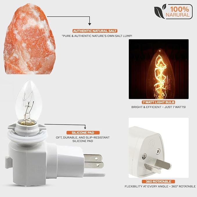 Himalayan Natural Salt Night Lamps, Night Lamp with 360 Degree Rotatable Wall Plug with Extra Replacement Bulb, Hand Carved Natural Lamp for Bedroom & Home Decors