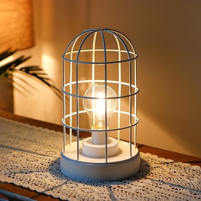 JHY DESIGN Battery Operated Lamp 10''H Decorative Table Lamp Metal Cage Cordless Lamps with LED Bulb for Home Decor Living Room Bedroom Kitchen Wedding Patio Indoor（White）