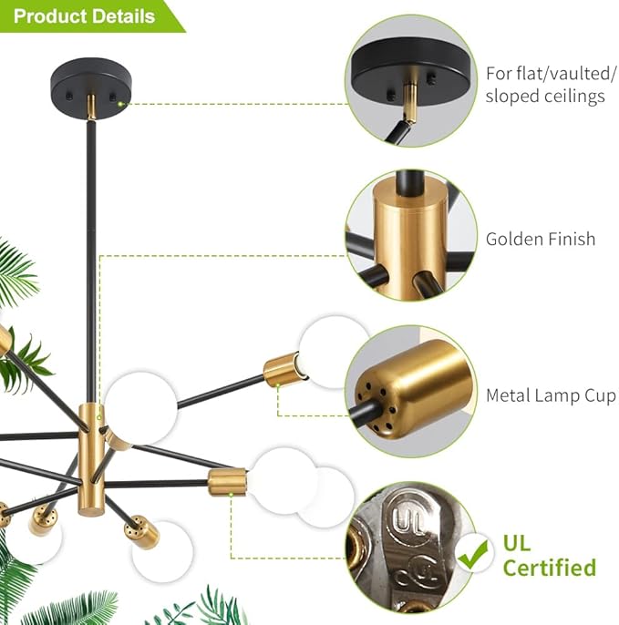 Sputnik Chandeliers Black and Gold Chandelier Modern Pendant Light Fixture Mid Century Industrial Ceiling Lighting 10 Lights for Dining Room, Kitchen, Bedroom, Living Room and Farmhoue