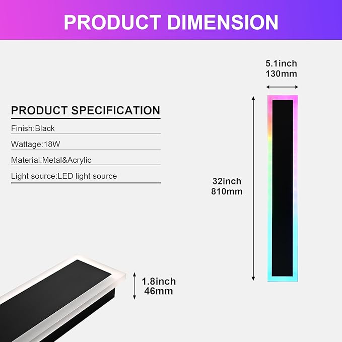 Modern Outdoor Wall Light,2 Pack RGB Led Wall Lights Fixture,32 inch Wall Sconce Lights,Dimmable Long Exterior lighting Fixtures with Control Remote,Outside RGB LED Long Lights for Porch,Patio,Garage