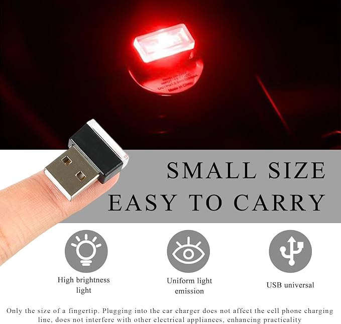 4 PCS USB LED Car Interior Atmosphere Lamp, Portable Plug-in 5V USB Car LED Interior Lighting Night Lamp, Mini U SB Ambient Lighting Decor for Home C ar Laptop Keyboard (Red)