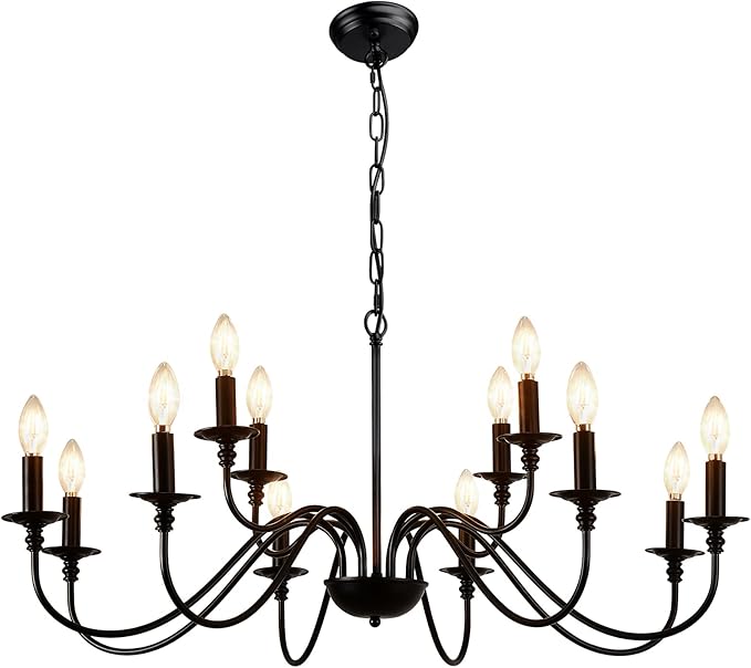 Depuley Farmhouse Chandelier for Dining Room: Antique 12-Light Candle Chandelier Industrial Hanging Ceiling Light Fixture for Kitchen - Black Rustic Vintage Iron Chandeliers for Living Room