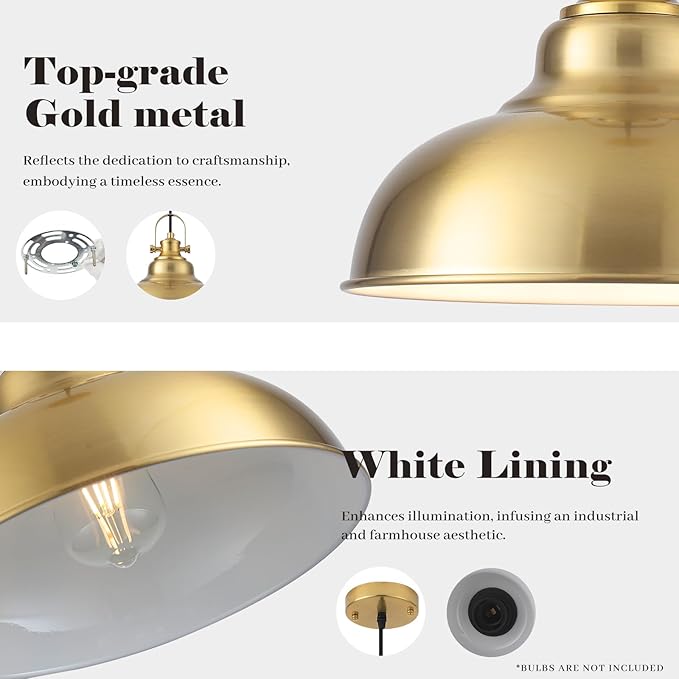 Gold Pendant Lights Kitchen Island, 11.41 Inch Dome Pendant Light, Farmhouse Pendant Lights, Kitchen Pendant Light for Kitchen Island, Dining Room, Living Room (1 Pack)