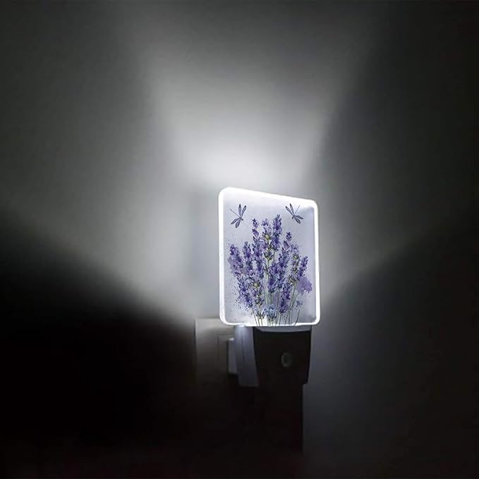 Purple Lavender Plug-in LED Night Light,Purple Dragonfly Nature Angel Auto Dusk to Dawn Sensor Nightlights Plug into Wall,White Energy Efficient Night light for Bedroom,Bathroom,Kitchen,Stairs,Hallway