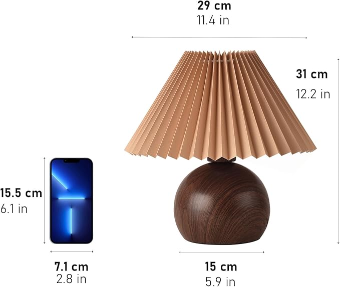 KUNJOULAM Retro Pleated Table Lamp, Modern Bedside Nightstand Lamp with Brown Shade, 5.9” Metal Base for Bedroom, Home Office, Living Room, Kids Dorm Without Bulb