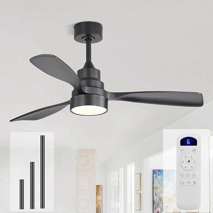 Sofucor 48 Inch Ceiling Fans with Lights and Remote Control-Modern Flush Mount & Downrod Mount Ceiling Fan for Bedroom Living Room Indoor Outdoor Farmhouse Patio, Timer Quiet DC Motor, Black&Walnut