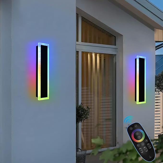 2 Pack RGB LED Outdoor Long Wall Lights,24 inch Modern Outdoor Light Fixture,Dimmable Exterior Linear Lighting Fixtures,RGB Long Linear Wall Light with Control Remote for Patio,Porch,Garage