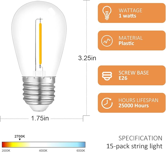15-Pack String Light Bulbs, S14 LED Outdoor Waterproof Replacement Bulb, E26 Base Bulbs, 1W 120V, 2700K Warm White
