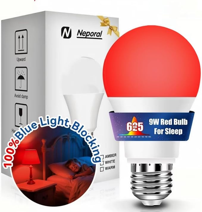 Neporal 625nm Red Light Bulb for Sleep, 100% Blue Light Blocking Bulb for Melatonin Promote, A19 LED 9W 60W Dim Red Night Bulb for Baby Nursery, Sleep, Read, Bedroom 1PK (White When Off, Red When on)