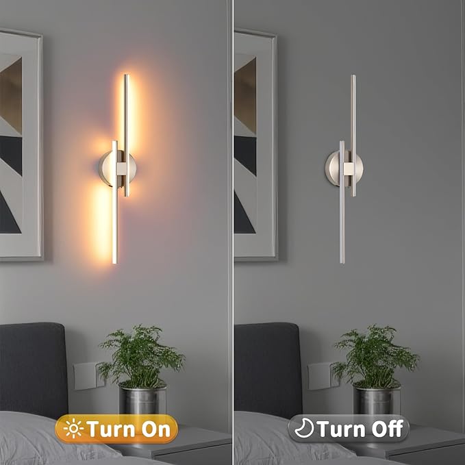 Battery Operated Wall Sconce Set of 2, Brushed Nickel 23.6" 3000K-6500K Dimmable Wall Sconces with Remote Control, Wireless Wall Light Rechargeable for Bedroom Hallway Living Room Background