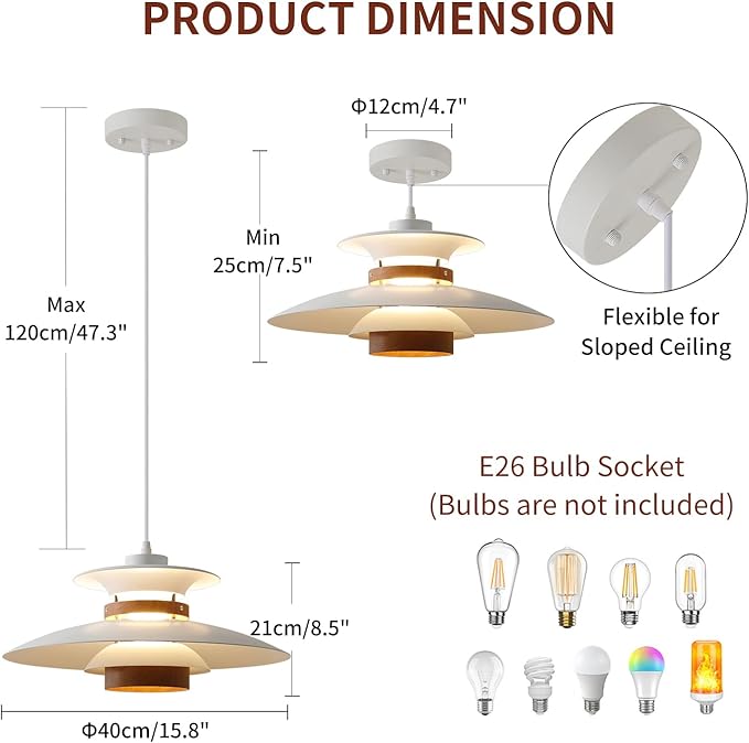 Modern Decor Adjustable Pendant Lamp Kitchen Island, Aluminum and Wood Finish,1-Light E26 Base Ceiling Hanging Light for Dining Room Shop Restaurant (White+Dark Wood Grain, 40cm)