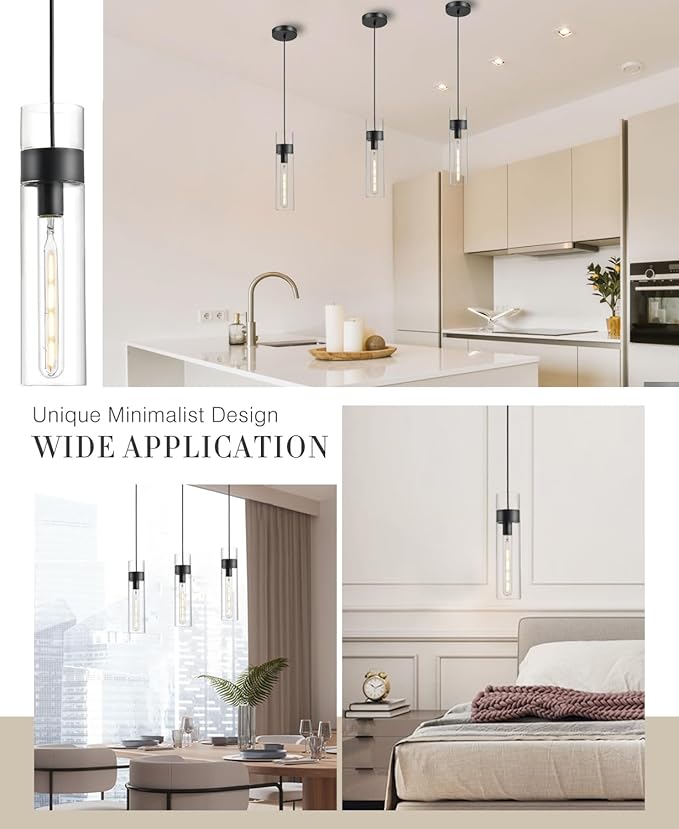 Black Pendant Lights Kitchen Island (Bulb Included), Adjustable Modern Glass Pendant Light Over Island, Industrial Pendant Light Fixtures for Dining Room Hallway Bedroom Living Room