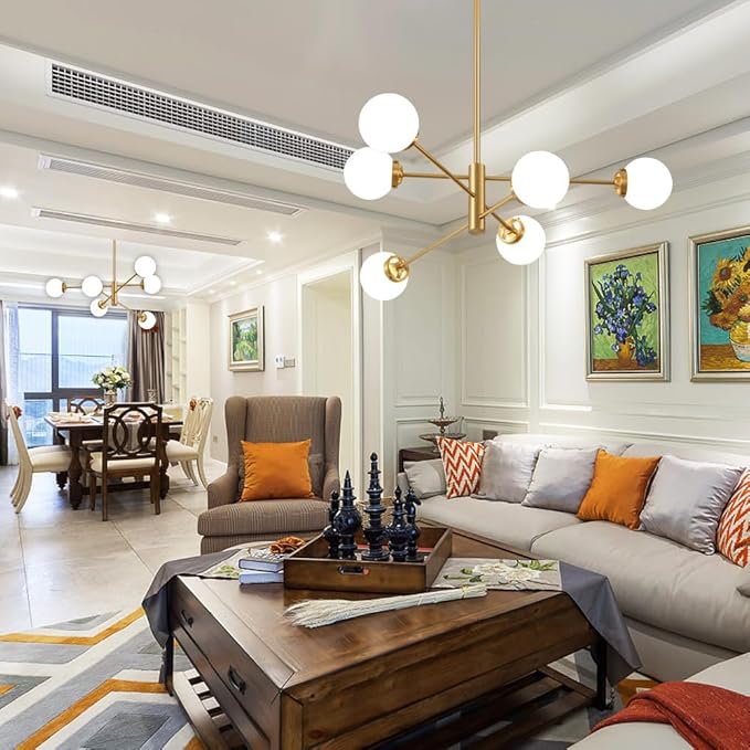Sputnik Chandelier, Gold Modern Chandeliers, Mid Century Ceiling Lighting Fixture 6-Lights with Milk White Glass Shade for Living Room, Kitchen, Bedroom, Dining Room, and Farmhouse