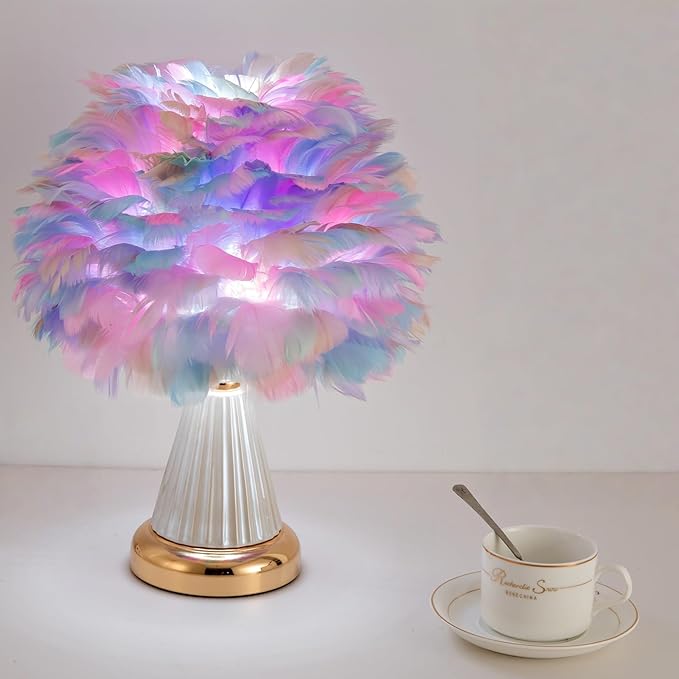 Colorful Feather Table Lamp Cute Ceramic Fluffy Bedside Lamp Princess Furry Nightstand Light Girl Romantic Desk Lamp for Girl Bedroom Living Room Office Nursery Valentines Wedding Decor