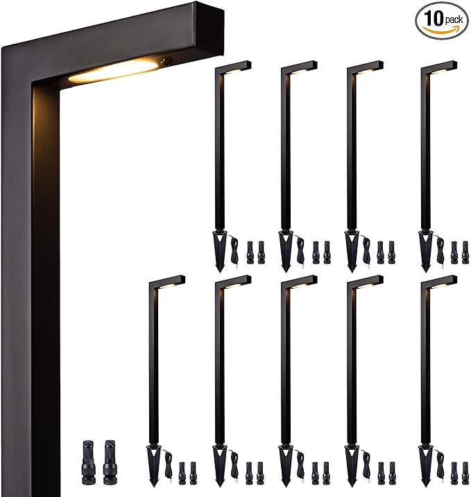 Gardenreet Brass Landscape Path Lights, LED 12V Low Voltage Pathway Lights Wired, Modern Outdoor Garden Lights Waterproof, L Shape Black for Patio Lawn Without G4 Bulb 10 Pack