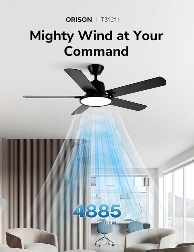 Orison Ceiling Fans with Lights, 52 inch Low Profile Ceiling Fan with RGB Backlight, Flush Mount Ceiling Fan with Remote and App Control,White Bedroom Fan, 6 Speeds, 5 Reversible Blades (Black RGB)