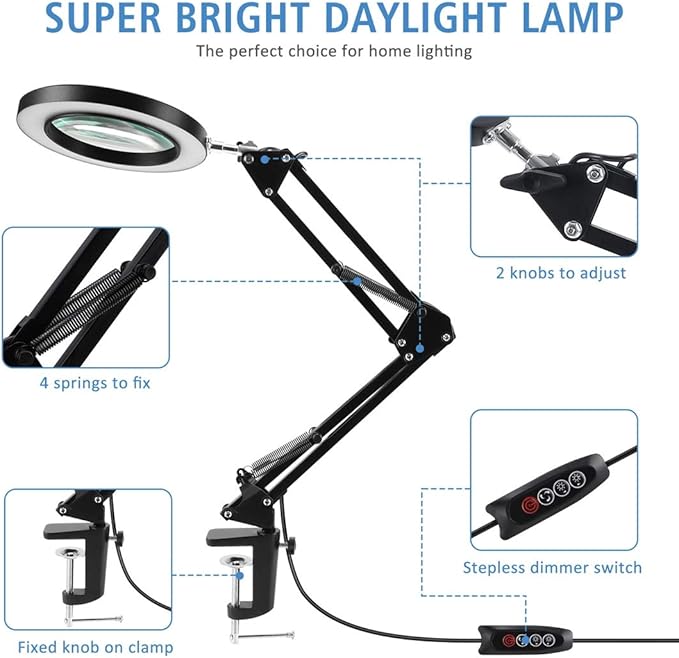 LANCOSC 10X Magnifying Glass with Light and Stand, Optical-Grade Glass Lens, 3 Color Modes Stepless Dimmable, Adjustable Swivel Arm, LED Magnifier Desk Lamp for Close Work Repair Crafts Reading, Black