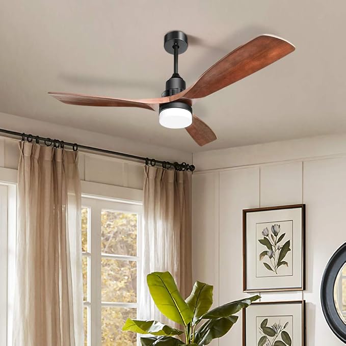 Outdoor Flush Mount Ceiling Fans with Lights Remote,52''Low Profile Ceiling Fans with 3 Solid-Wood Blade,Noiseless Dc Motor and 3 Color Dimming Light for Indoor Outdoor Living Room Farmhouse