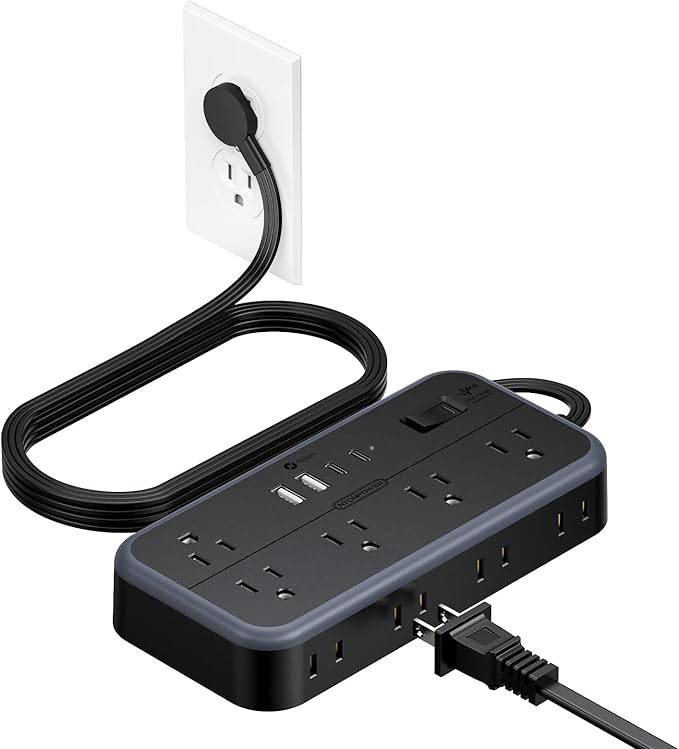 NTONPOWER Surge Protector Power Strip 5 Ft Cord, 10 Widely Spaced Outlets, 4 USB Port(2 USB C Port), Ultra Thin Flat Plug Extension Cord 5 Feet, 2700J Surge Protection for Home Office Garage, Black
