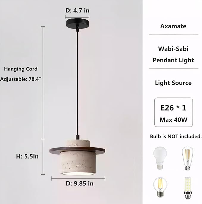 Large Wabi Sabi Pendant Light 9.85in Nordic Chandeliers with Natural Stone Shade Simple Hanging Light Fixture for Dining Room Bedside Kitchen Island