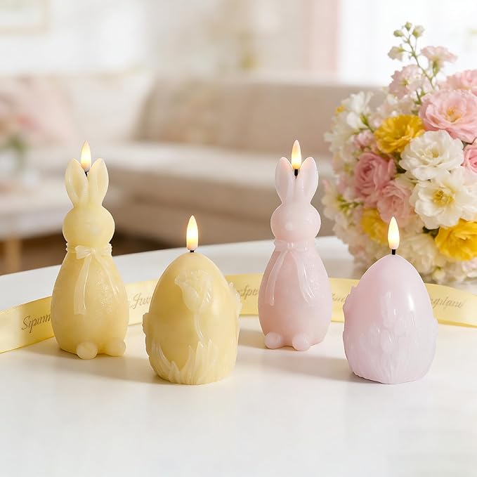 WDS WONDROUS Easter Flameless Candles Set of 4, LED Bunny & Egg Candles with Floral Embossed Design, Pink & Yellow Battery Operated Candle for Home Decor, Gift for Women, Mom, Easter Decor
