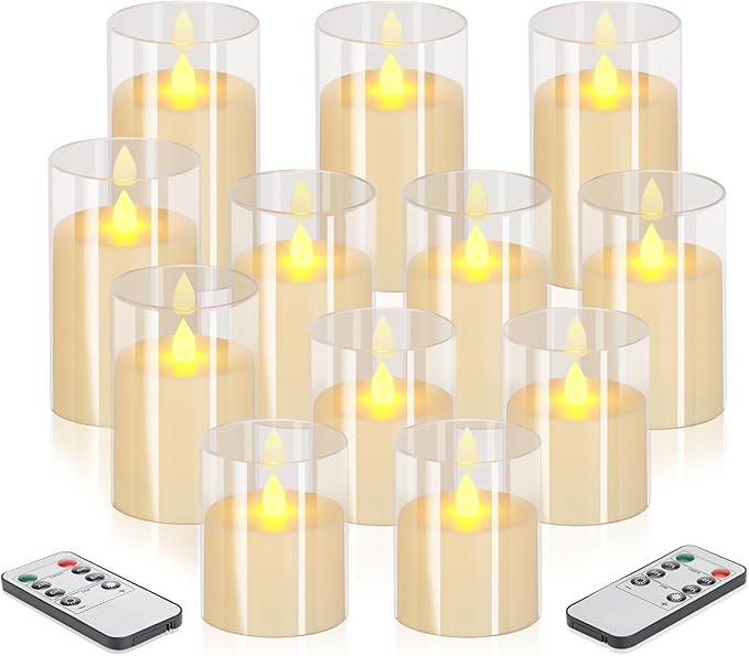 Flameless Candles 4" 5" 6" Set of 12 Acrylic Glass Pillars 3" Diameter Battery Operated Flickering Candles Include 8-Key Remote with Timer Function 400+ Hours (Pure White, 12 Pack)