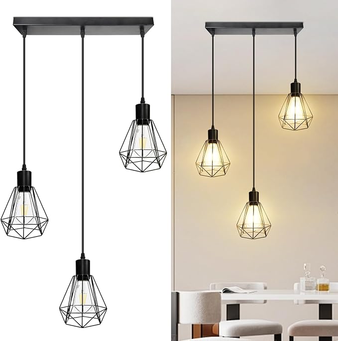 3-Light Pendant Light Fixture, Hanging Lighting Fixture Kitchen Island, Black Ceiling Lamp with 1.2m Adjustable Cord for Kitchen Bedroom Hallway, Dining Room, E26 Base,Blub Not Included