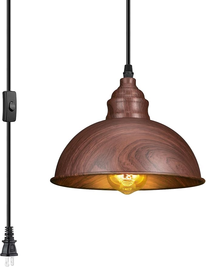 Plug in Pendant Light, 15FT Hanging Lights, On/Off Switch, Industrial Pendant Light with Plug in Cord, Metal Hanging Lamps for Living Room, Kitchen, Dining Room Brown