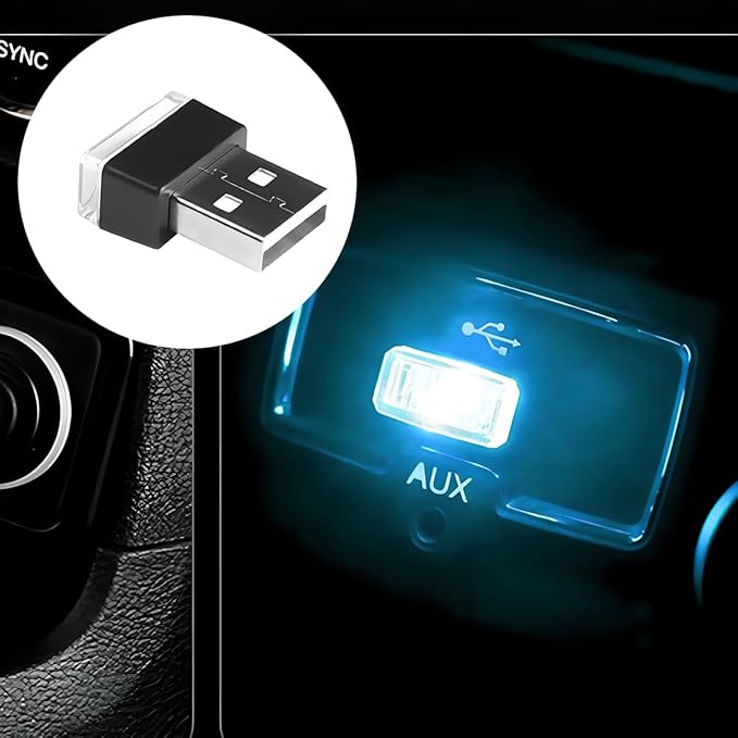 4PCS/Set USB LED Car Interior Atmosphere Lamp, Portable Mini Vehicle LED Night Light, Plug-in USB Interface Automotive Interior Ambient Lighting Kit Accessories, Universal Fit (White+Ice Blue)