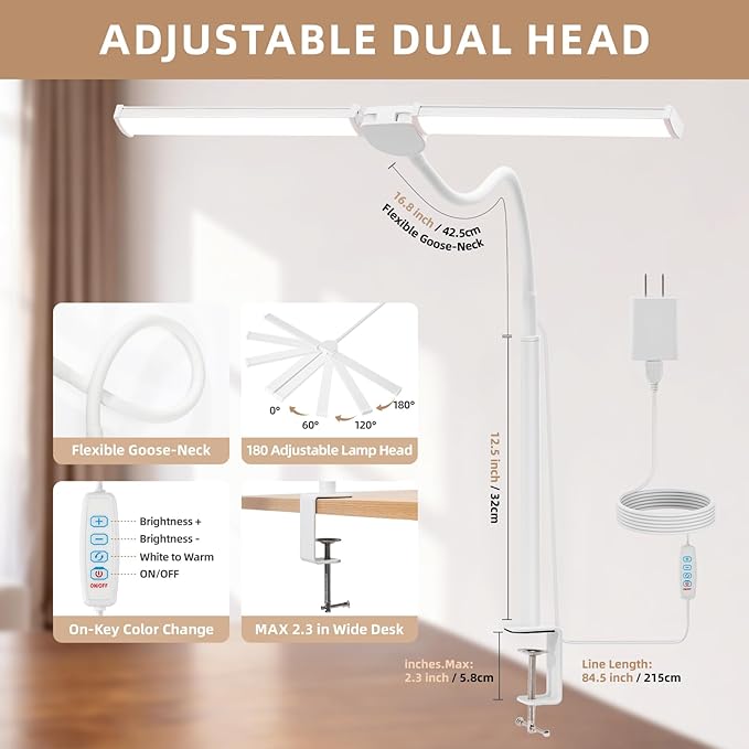 LED Desk Lamp for Home Office, Double Head Architect Light with Clamp, Computer Monitor Clip on Light, 3 Modes and 10 Brightness, Adjustable Flexible Goose-Neck, Table Task Lamp, White