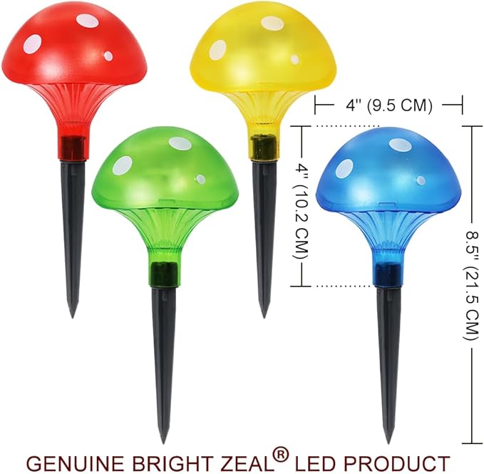Bright Zeal 4-Pack Mushroom Solar Lights Outdoor Waterproof (8.5" Tall, 4" Wide) - Mushroom Outdoor Garden Red Green Yellow Blue - LED Garden Lamps for Outside Solar Fairy Stake Lamps