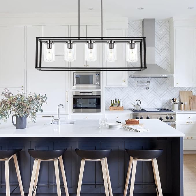 VINLUZ Modern Chandeliers Brushed Nickel and Black 5 Light Rectangle Dining Room Lighting Fixtures Hanging with Clear Glass Shade, Farmhouse Kitchen Island Pendant Lights Ceiling for Living Room
