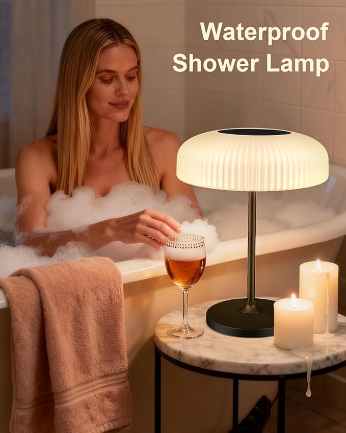 Outdoor Cordless Table Lamp - Waterproof Shower Lamp Battery Operated, 2 Color Dimmable Touch Lamps Rechargeable, Mushroom Design Solar Table Light for Patio Bathroom Camping, Christmas Gift for Women