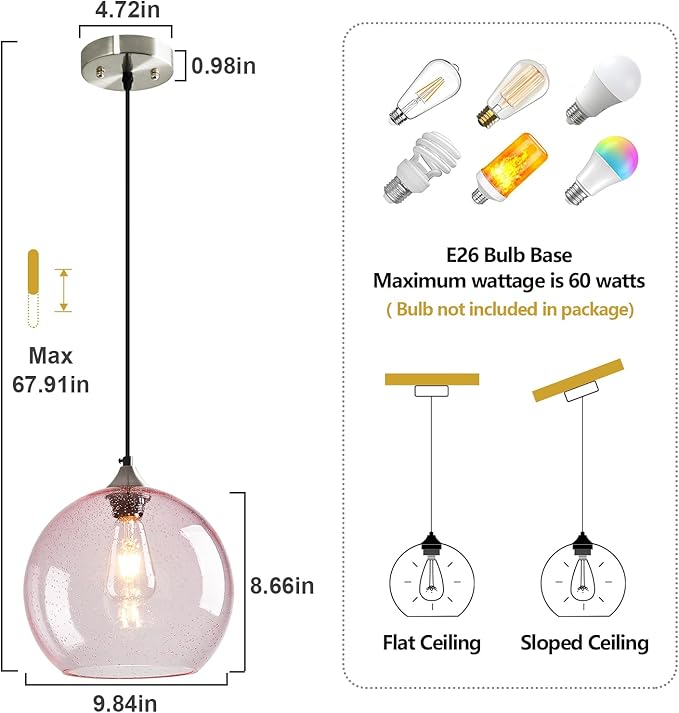 Pink Glass Pendant Lights Kitchen Island Globe Pendant Light Fixtures Modern Pendant Lighting for Bedroom Living Dining Room Light Fixture (9.84 in, 2 Pack)