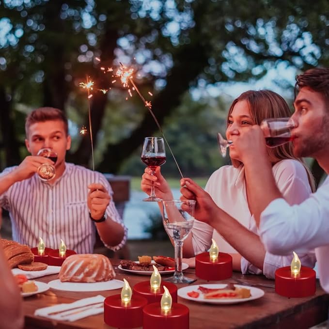 Flameless LED Tea Light Candles, Battery Operated Flickering Electric Fake Candles Bulk, 24 Pack Powered Votive Tealights Long Lasting 200H+ Bright Red Lamp for Seasonal & Festive Gift Decoration
