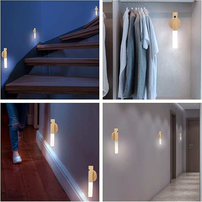 Motion Sensor Wall Sconces, Smart Portable Sensor Night Light Wood USB Rechargeable Magnetic Night Light (White Ash Wood 2PCS)