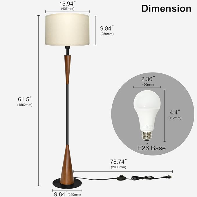 Floor Lamp for Living Room, Wood 3 Color Temperatures & Linen Shade, Modern Reading Standing Lamp with 9W LED Bulb, Mid Century Night Light for Farmhouse, Bedroom, Office