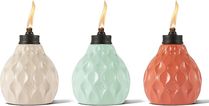 TIKI Seaside Escape 3-Pack Table Torches, 6" – Pastel Ivory, Pink & Blue Glass Outdoor Lighting | Weather-Resistant Design | Includes Long-Lasting Wick & Snuffer for Patio & Backyard