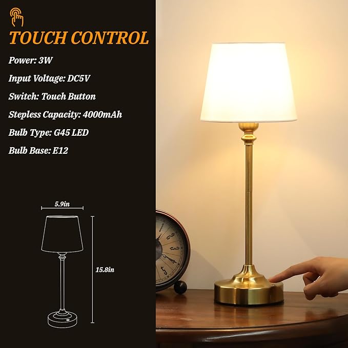Cordless Table Lamp Rechargeable Gold - 1 Pack Brass 4000mAH Battery Operated Lamp for Decor, 3000K Stepless Dimming Touch Control Wireless Lamp for Bedroom, Dining Table, Counter, Living Room