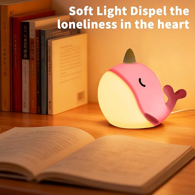Cute Narwhal Night Light, Tap Control with 3 Warm White Brightness, USB Kids Bed Lamp with 30-Minute Timer, Soft Silicone Glow for Nursery, Birthday Gift (Pink Narwhal)