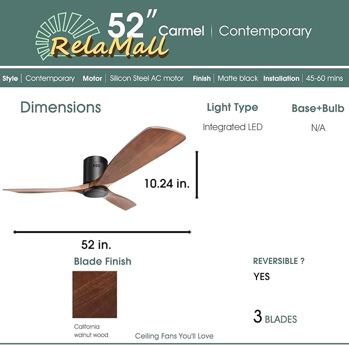 52" Low Profile Wood Ceiling Fan No Light with 3 Walnut Blades, Modern Ceiling Fan with Remote Control, Timer, Noiseless Reversible DC Motor for Outdoor Farmhouse Patio Living Room and Bedroom