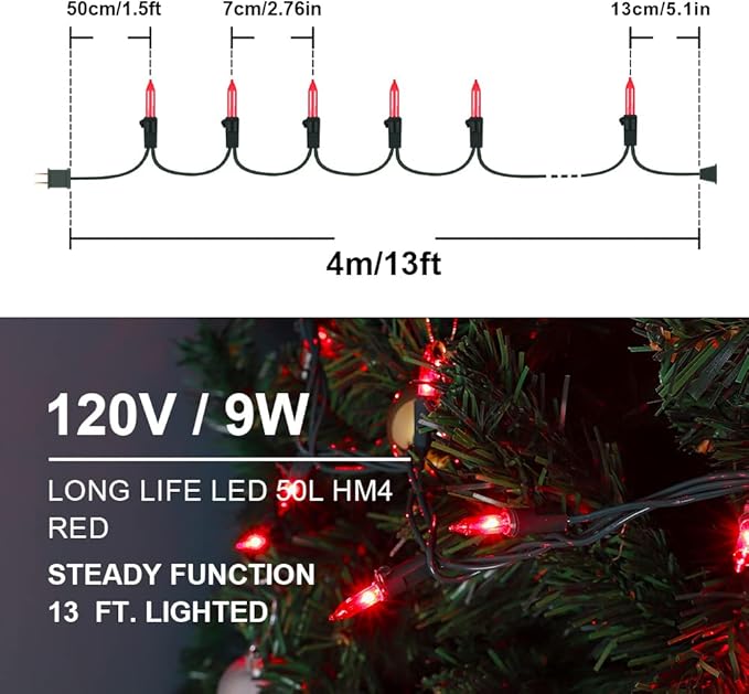 Hopolon 50 Red Christmas Lights, 2PACK Green Wire 13 Feet Long String Lights Set for Outdoor Indoor Décor, Valentines Day, Wedding, Halloween, Christmas Trees, Holiday Lighting Decor(2pcs Red)